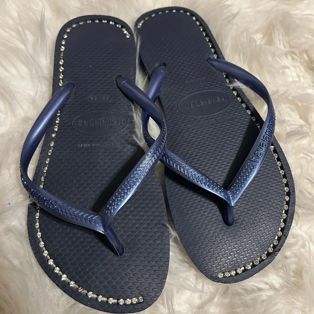 Havaianas Blue Flip Flops with Rhinestone Accents - Picture 3 of 5